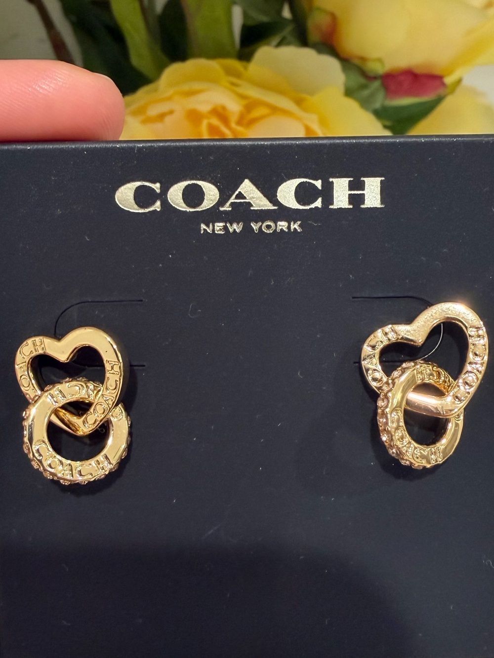 COACH Gold Interlocking Heart Crystal Stud Earrings - Picture 3 of 8
